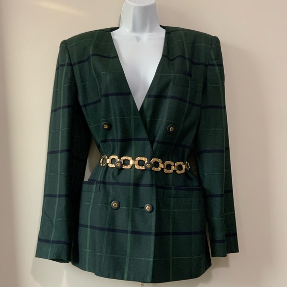 Vintage Green & Dark Navy Window Pane Plaid Double Breasted Blazer Size 10 - Picture 11 of 11
